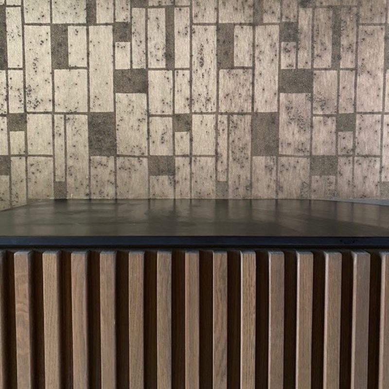 Bearspaw aged tile pattern wallpaper installation bar feature