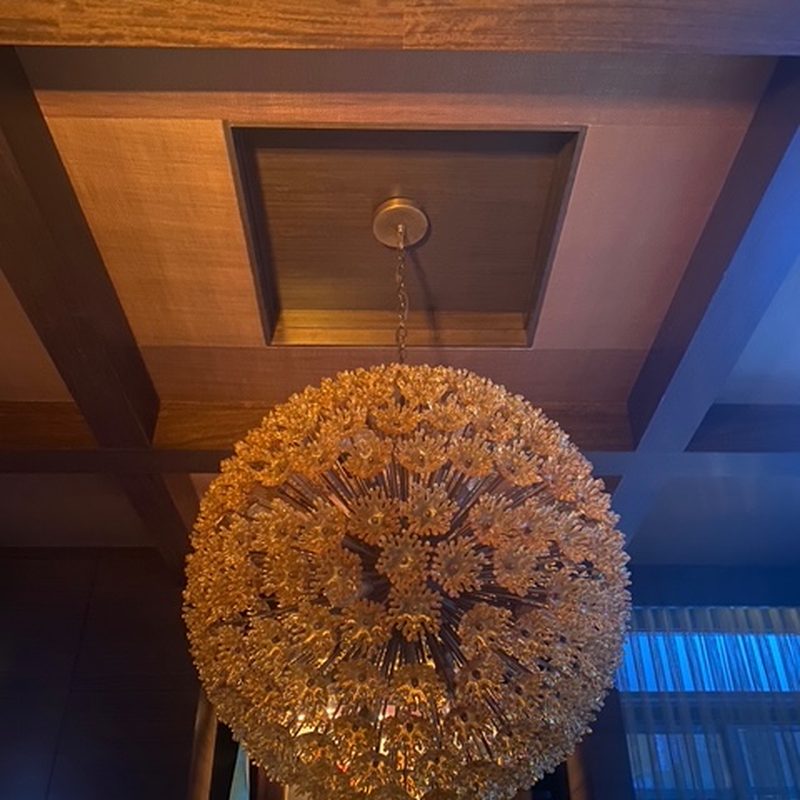 Bearspaw crystal orb chandelier coffered ceiling wallcovering