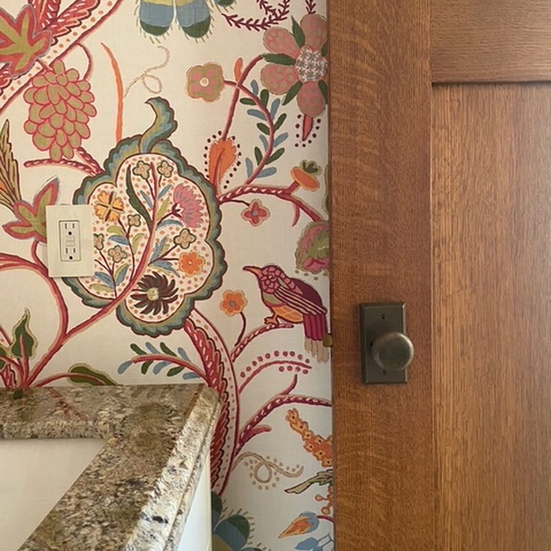 Bearspaw floral paisley wallpaper installation kitchen detail