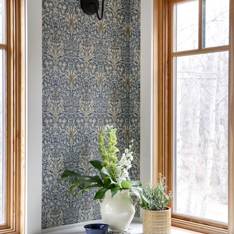Bearspaw navy gold floral wallpaper installation window nook