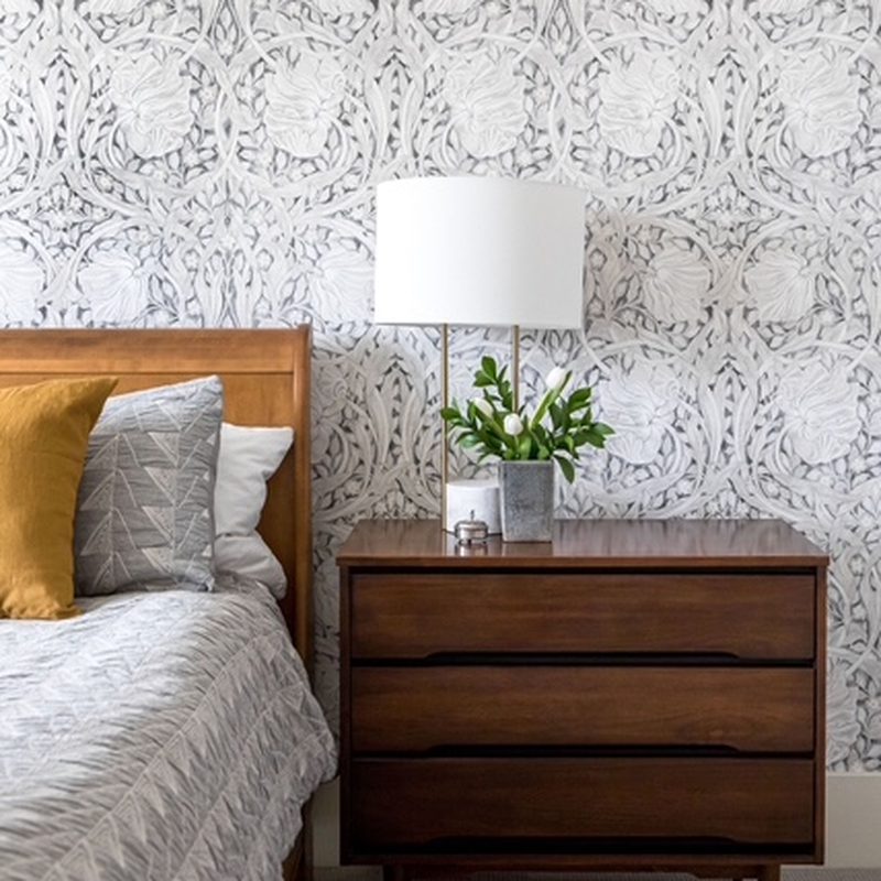 Bearspaw rose damask wallpaper installation bedroom feature wall