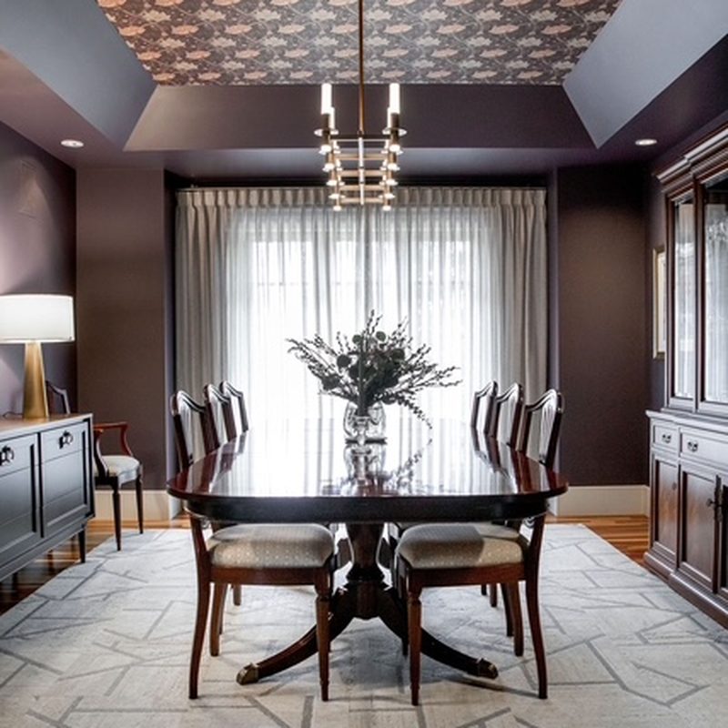 Bearspaw tray ceiling floral wallpaper installation dining room