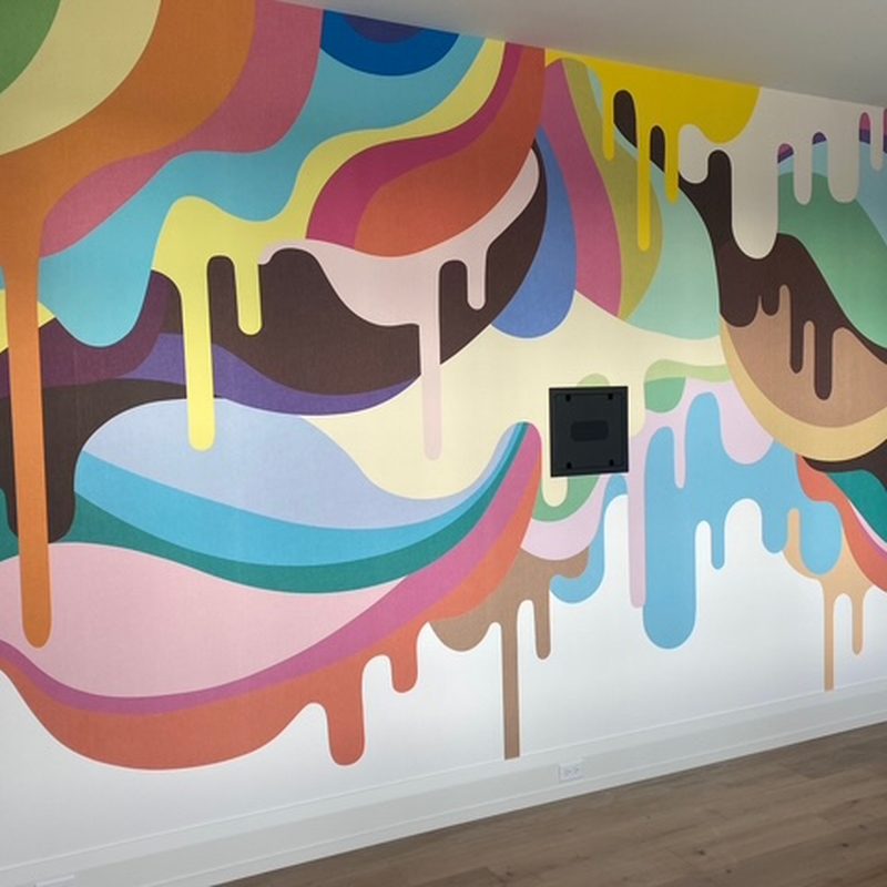 Calgary colorful drip mural wallpaper installation living room