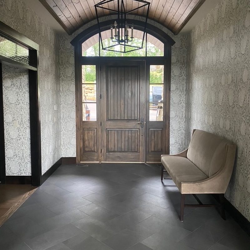 Calgary damask wallpaper installation front door foyer