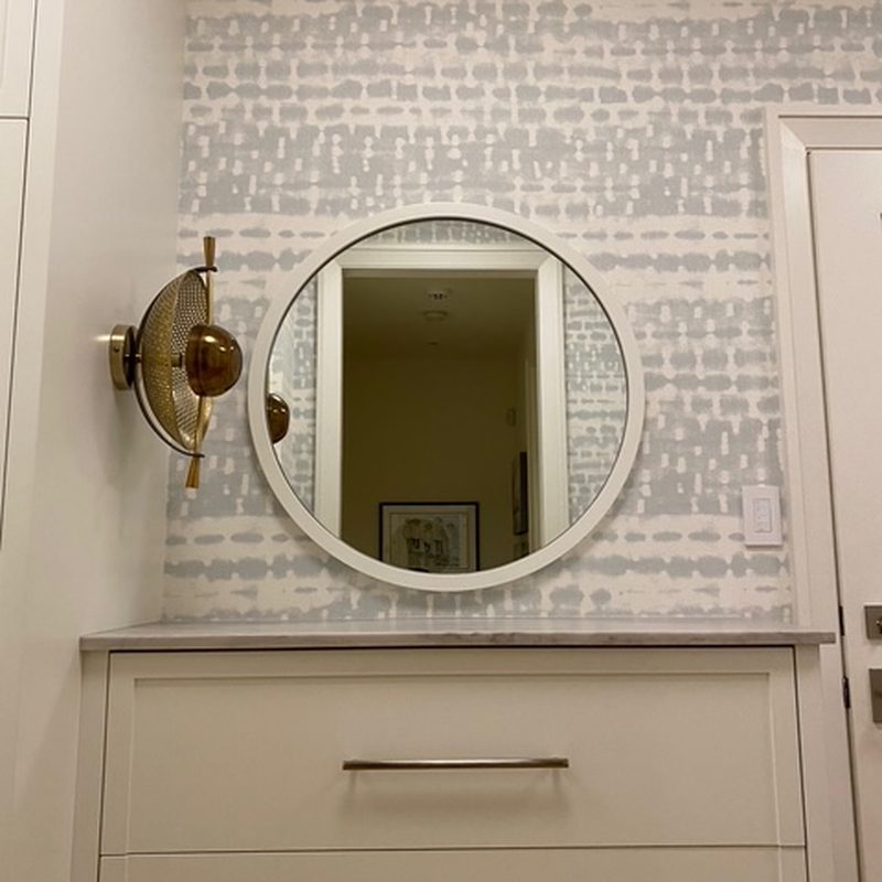 Calgary shibori wallpaper installation powder room vanity
