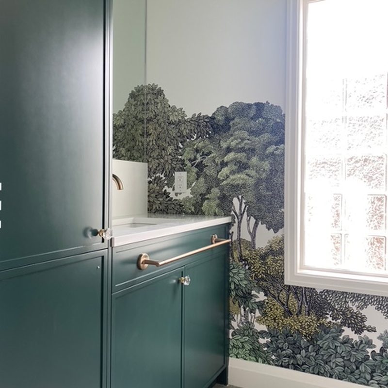 Cochrane forest mural wallpaper installation green bathroom