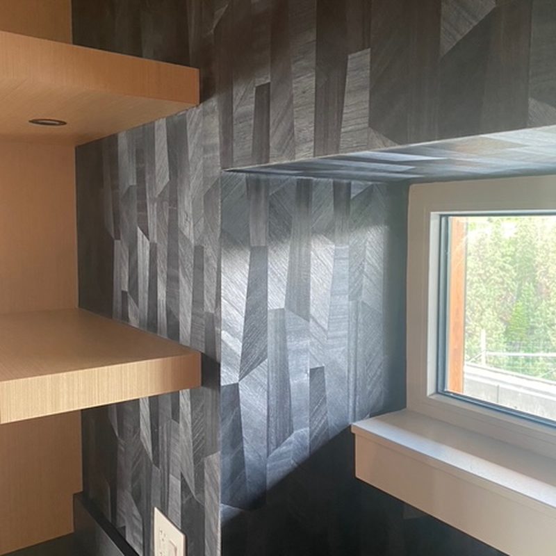 West Kelowna dark geometric wallpaper installation in a window nook