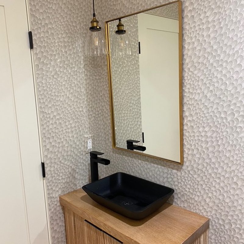 Langley textured feather wallpaper installation vessel sink vanity
