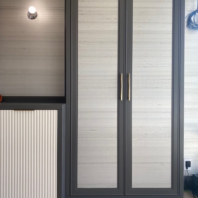 Richmond striped grasscloth wallpaper installation builtin cabinetry