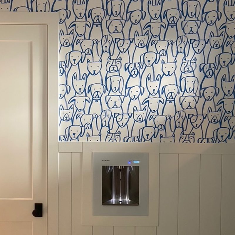 Vancouver blue dog pattern wallpaper installation mudroom