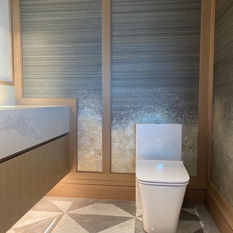 Vancouver blue waterfall grasscloth wallpaper installation bathroom