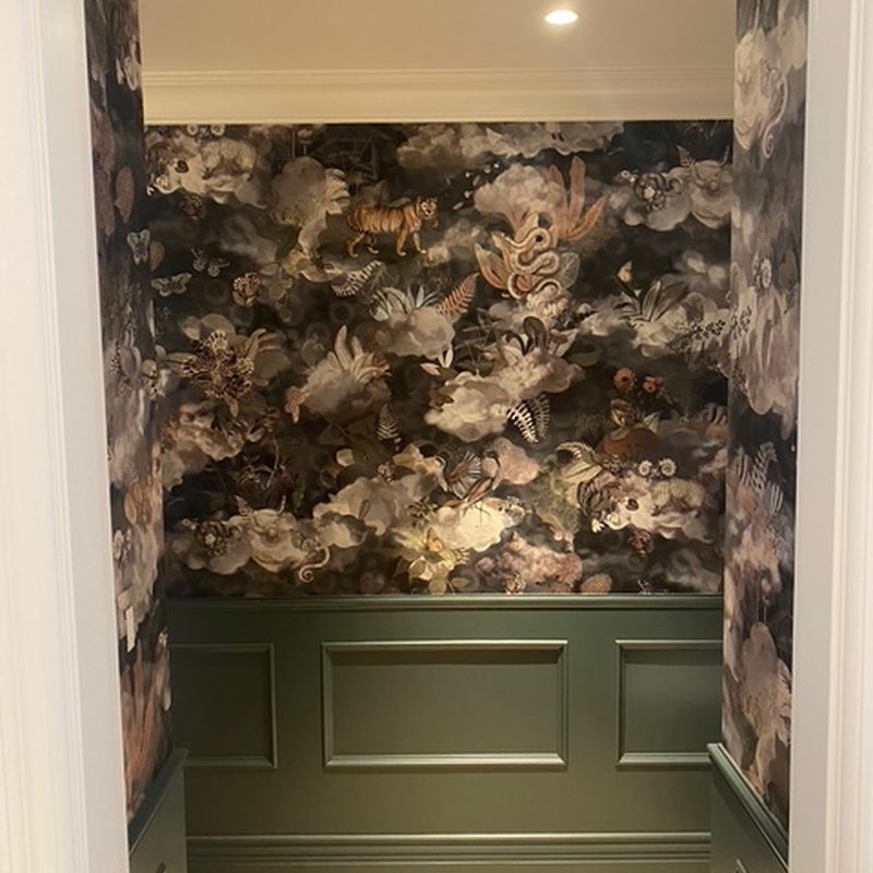 Vancouver dark moody mural wallpaper installation powder room