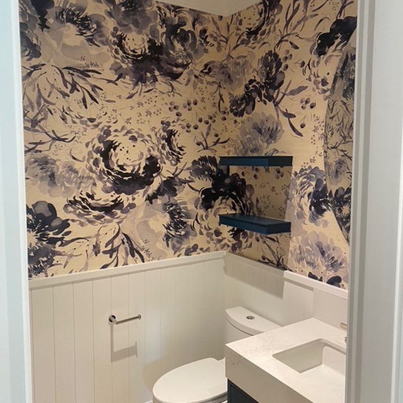 Vancouver navy watercolor floral wallpaper installation powder room