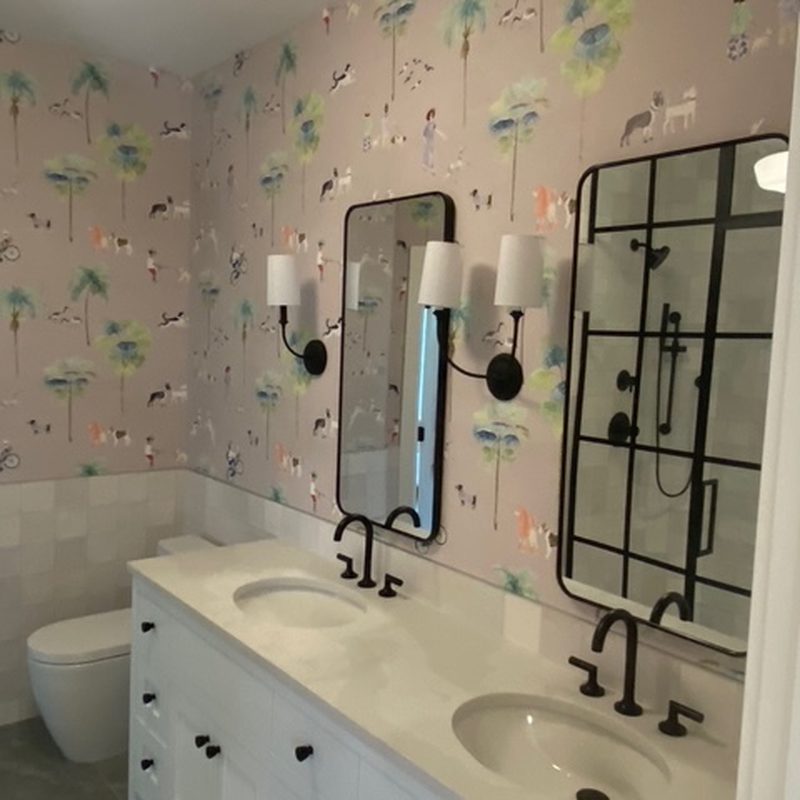 Vancouver palm tree beach scene wallpaper installation bathroom