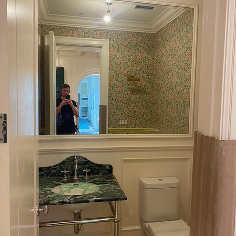 West Vancouver floral wallpaper installation green marble vanity